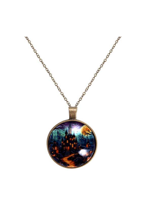 Halloween Castle Necklace Personalized Custom Photo Round Pendant Adjustable Stainless Steel Necklaces with Gift Box for Men Women Mothers Valentine's Jewelry Gift