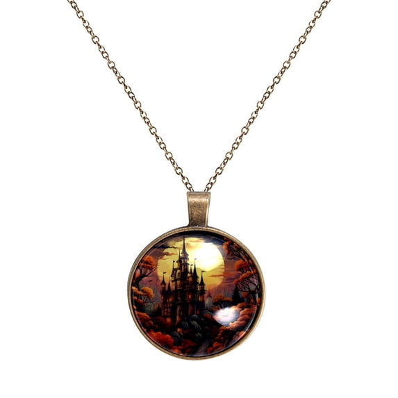 Halloween Castle Necklace Personalized Custom Photo Round Pendant Adjustable Stainless Steel Necklaces with Gift Box for Men Women Mothers Valentine's Jewelry Gift