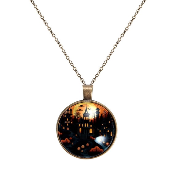 Halloween Castle Necklace Personalized Custom Photo Round Pendant Adjustable Stainless Steel Necklaces with Gift Box for Men Women Mothers Valentine's Jewelry Gift