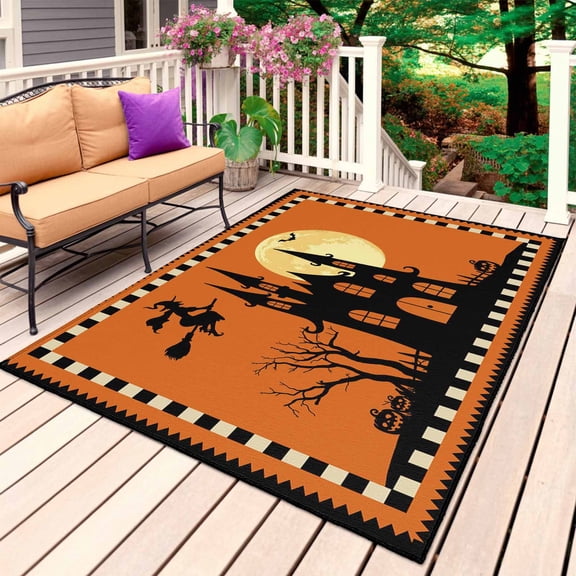 Halloween Castle Outdoor Rug for Patio/Deck/Porch, Non-Slip Large Area Rug 3 x 5 Ft, Full Moon Night Evil Witch Pumpkin Orange Indoor Outdoor Rugs Washable Area Rugs, Camping Rug Carpet Runner
