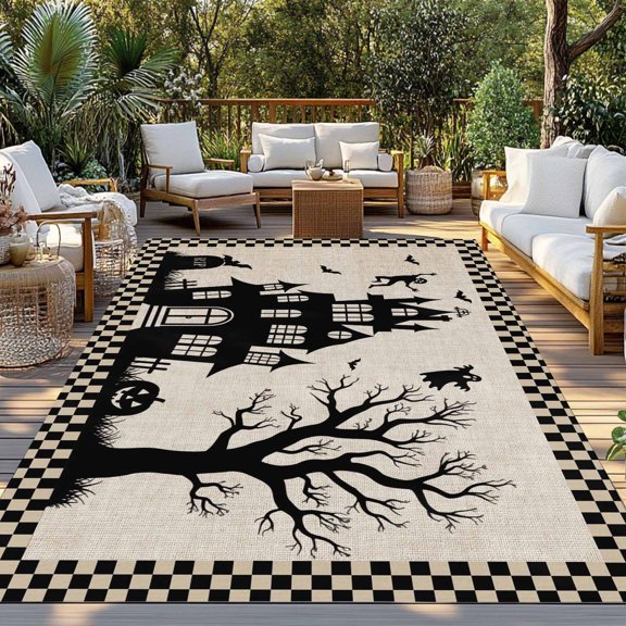 Halloween Castle Pumpkin Indoor Outdoor Rugs 4x6 Ft, Black Bat Dead Tree Haunted Linen Buffalo Plaid Outdoor Patio Rug Mat Washable Outside Area Rugs Carpet for Porch Deck RV Pool Balcony Backyard