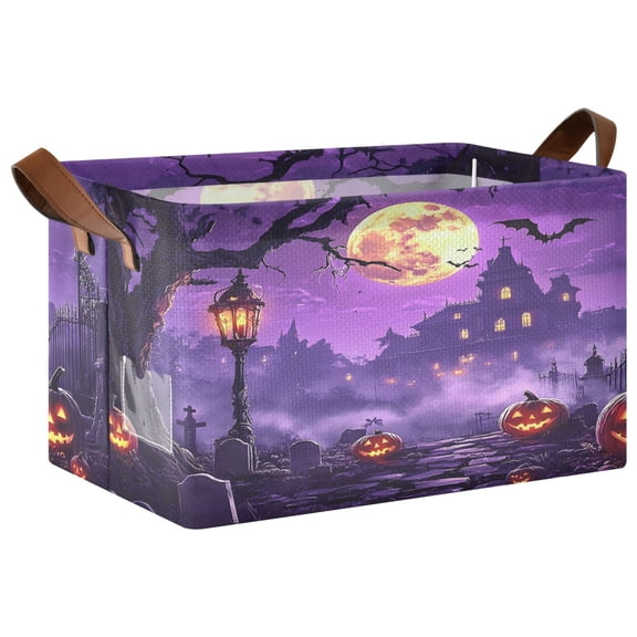 Halloween Castle Pumpkin Purple Foldable Storage Large Fabric Storage Baskets Organizer Storage Bins with Handles for Shelves