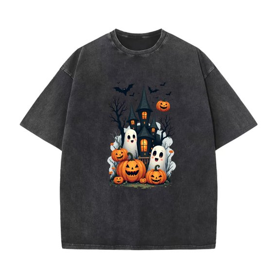 Halloween Cotton Castle Pumpkin Scene T Shirt Washed Black Vintage Graphic Tees Tops Black S-2XL Plus Size