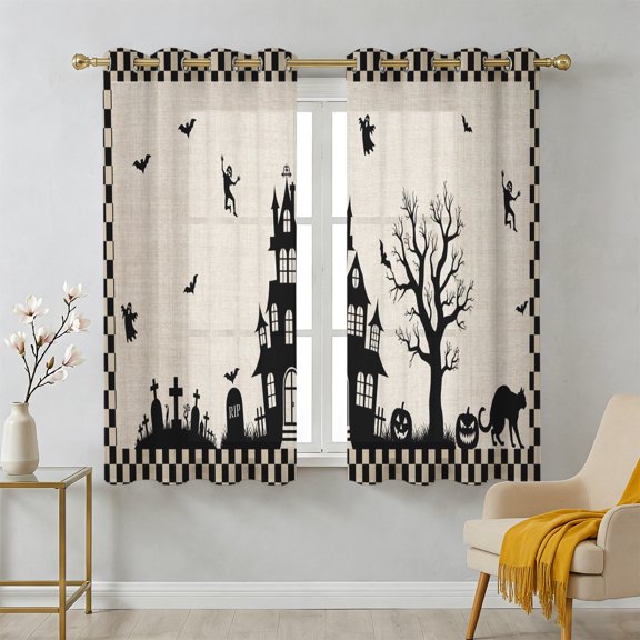 Halloween Castle Pumpkin Sheer Curtains 39 Inch Long 2 Panels, Black Bat Dead Tree Haunted Linen Buffalo Plaid Light Filtering Semi Sheer Drapes Grommet Voile Curtain for Living Bedroom W27.9 x L39