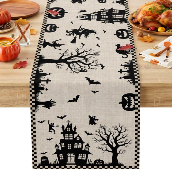 Halloween Castle Pumpkin Table Runner 13x36 Inch Black Bat Dead Tree Haunted Linen Buffalo Plaid Cotton Linen Dining Table Runner Ideal for Dresser Kitchen Coffee Tables - Machine Washable