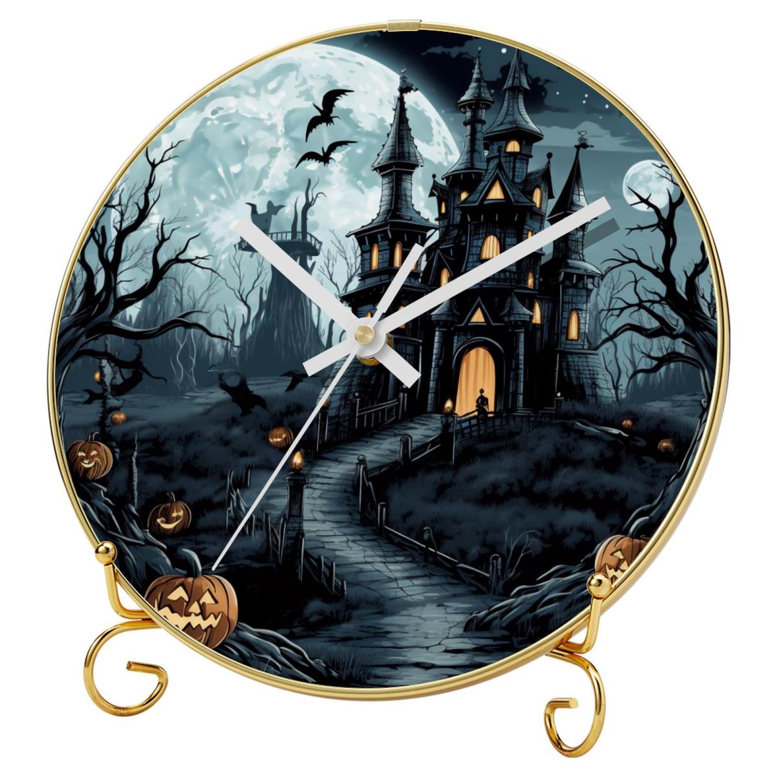 Halloween Castle Round Printed Wall Clocks with Hooks and Gold Stand Silent Non Ticking Clocks