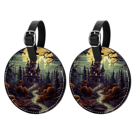 Halloween Castle Set of 2pcs PU Leather Round Suitcase Tags with Privacy Cover and Name ID Tag - Ideal for Travel Luggage, Handbags, Backpacks, School Bags