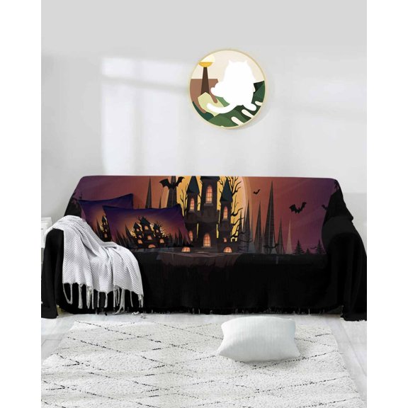 Halloween Castle Sofa Covers for 3 Cushion Couch,Washable Sectional & L Shape Couch Covers for Dog/Cat/Kid,Horror Vintage Forest Moon Night Non Slip Sofa Slipcover Tassel Futon Cover 71''x150''