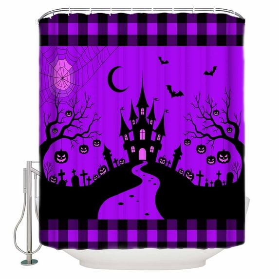Halloween Castle Spiderweb Pumpkin Shower Curtain for Bathroom, Scary Purple Black Waterproof Shower Curtains Washable Quick Dry with Hooks Bathtub Curtains 36x72 IN