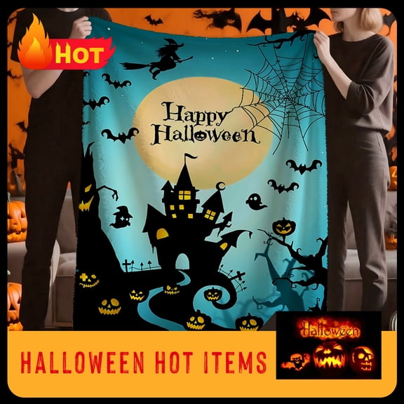 Halloween Castle Throw Blanket - Soft Flannel Bedspread with Haunted House, Bats, Pumpkins - Machine Washable Spooky Decor for Couch, Party, or Year-Round Home - Multi-Size Halloween Decoration in Bl