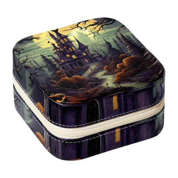 Halloween Castle Travel Portable Square Jewelry Box: Storage Box, Decorative Box, and Jewelry Stand for Rings, Earrings, Necklaces, Bracelets, and More – Ideal for Girls and Women
