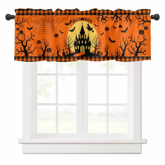 Halloween Castle Valances for Windows Bat Witch Black Plaid Orange Background Rod Pocket Curtain Valance Window Treatment Short Curtains for Kitchen Living Room, 60"x18"