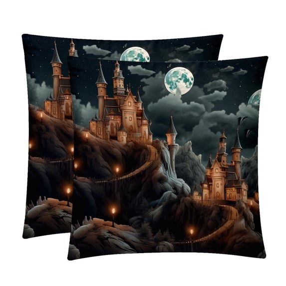 Halloween Castle Velvet Throw Covers Pillow Inserts - Set of 2 Decorative Pillows with Unique Patterns for Home Decor, Couch, Bed - 16x16, 18x18, 20x20 Inches