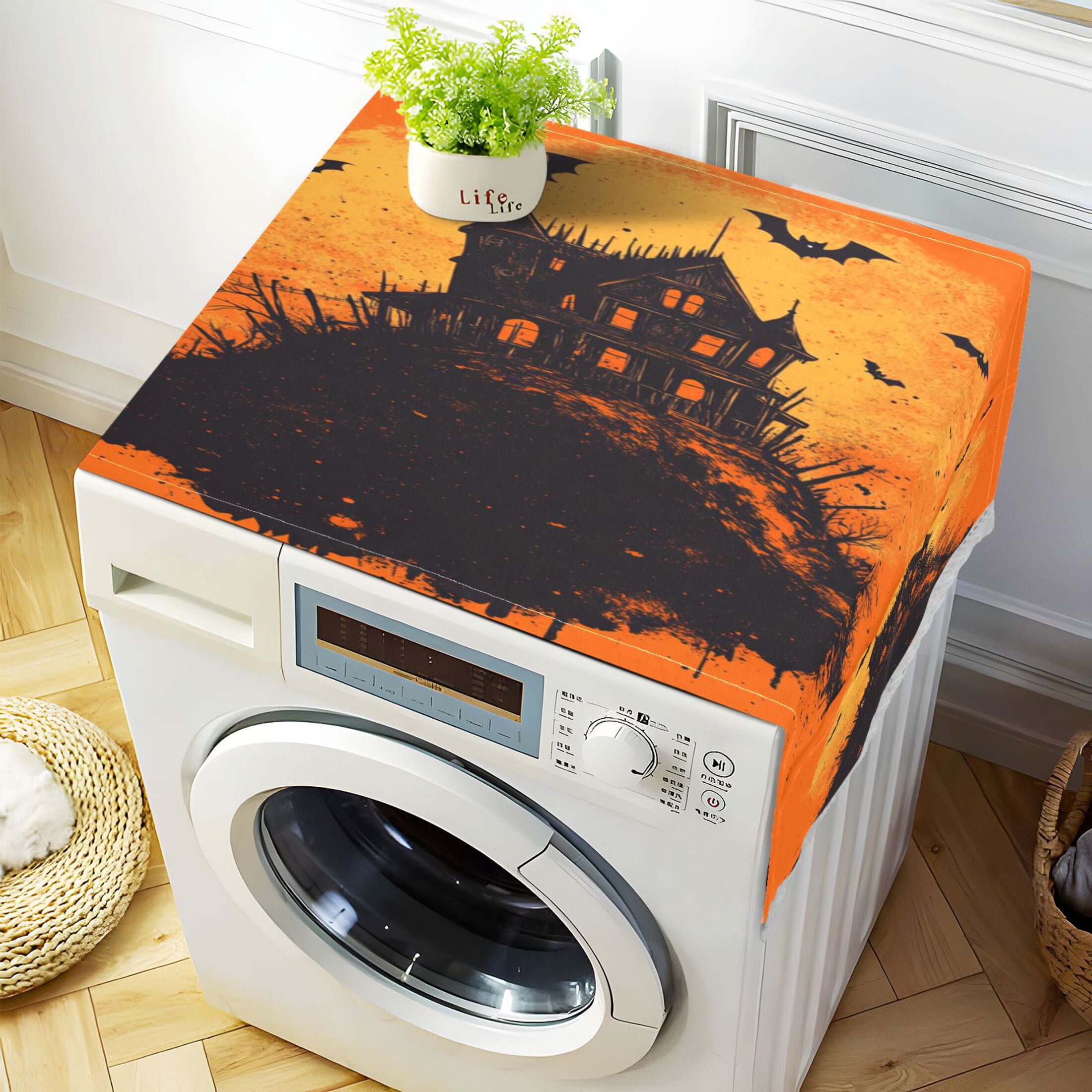 Halloween The CastleWasher and Dryer Covers Dust-Proof and Oil Resistant Fridge Cover with 4 Storage Pockets Washing Machine Top Cover for Laundry Kitchen Home 51.2 x 22 In
