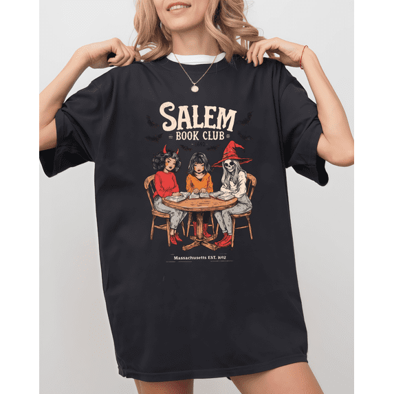 Halloween Casual Cotton Salem Book Club Graphic Tee T Shirt Top Vintage 1692 Witch Design Black S-5XL