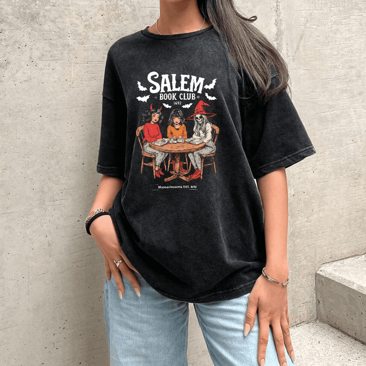 Washed Halloween Casual Cotton Salem Book Club Graphic Tee T Shirt 
