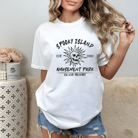 Halloween Casual Soft Spooky Island Graphic Tee T Shirt Top Vintage Amusement Park Retro Design in White S-5XL