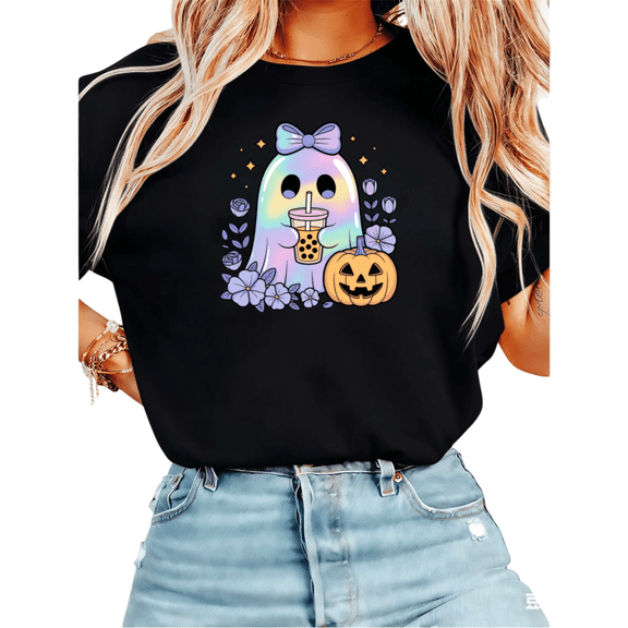 Women's Halloween T-Shirt,Rainbow Ghost, Purple Bow, Boba Tea & Pumpkin Graphic Tees,Interesting design,Cute,cotton,black,S-5XL