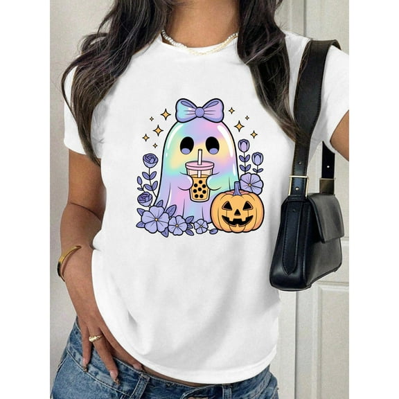 Halloween Womens Ghost Boba Graphic Casual Sweatshirt Tee ,Top Short Sleeve Round Neck White S-5XL