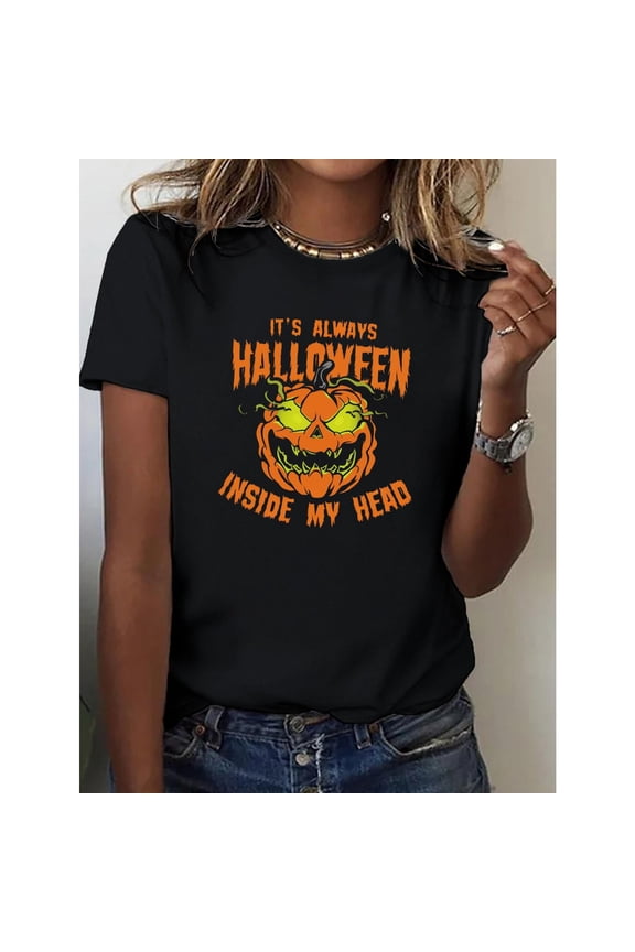Halloween Casual Womens Pumpkin Graphic Tee Commuting T Shirt Tops Short Sleeve Round Neck Black S-5XL