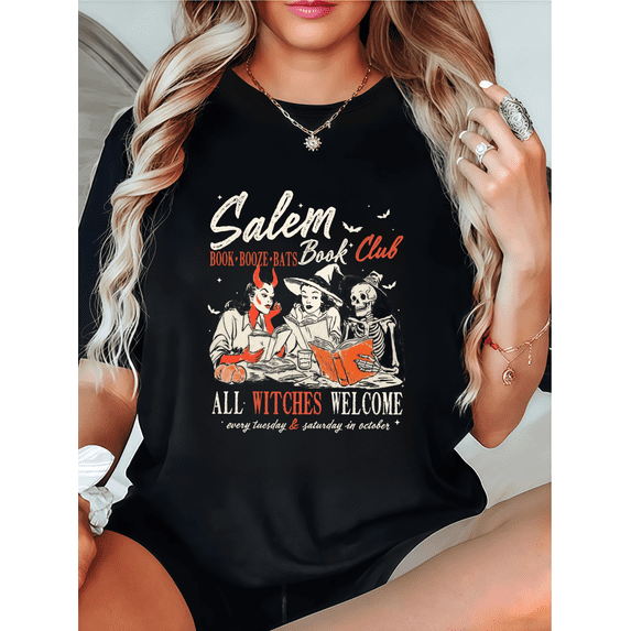 Halloween Casual short sleeve Witches Book Club Graphic Tee T Shirt Top Literary Design Black S-5XL