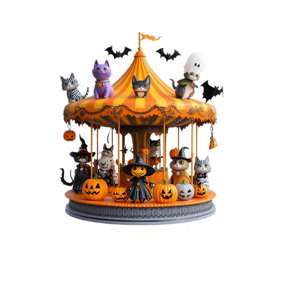 Halloween Cat Carousel Acrylic Tabletop Decor, Spooky Kitty and Pumpkin Figurine, Cute Desktop Ornament for Holiday Parties and Fall Home Styling