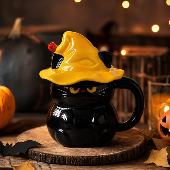 Halloween Cat Ceramic Mug with Lid, 15.2 Fl Oz Witch Hat Coffee Cup with Whimsical Sculpted Design, Spooky Drinkware for Coffee, Tea, Cocoa, Desk, Kitchen & Seasonal Gift Giving, Holiday Accent