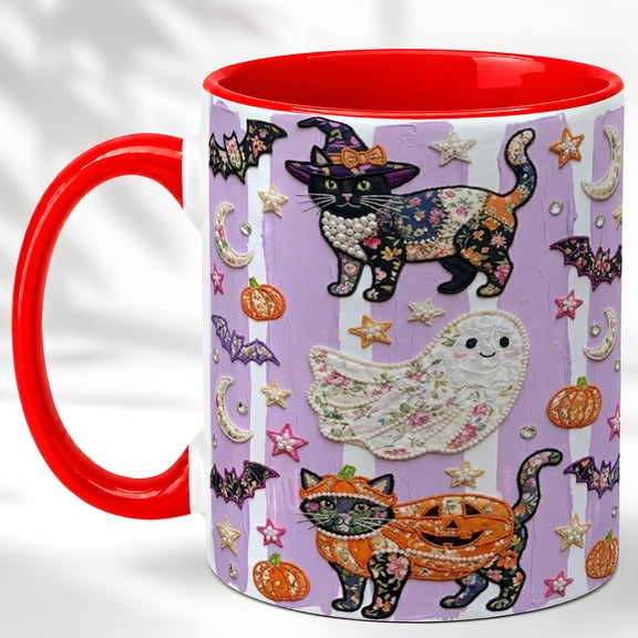 Halloween Cat Coffee Mug, Ghost Pumpkin Mug, Ceramic 11 oz