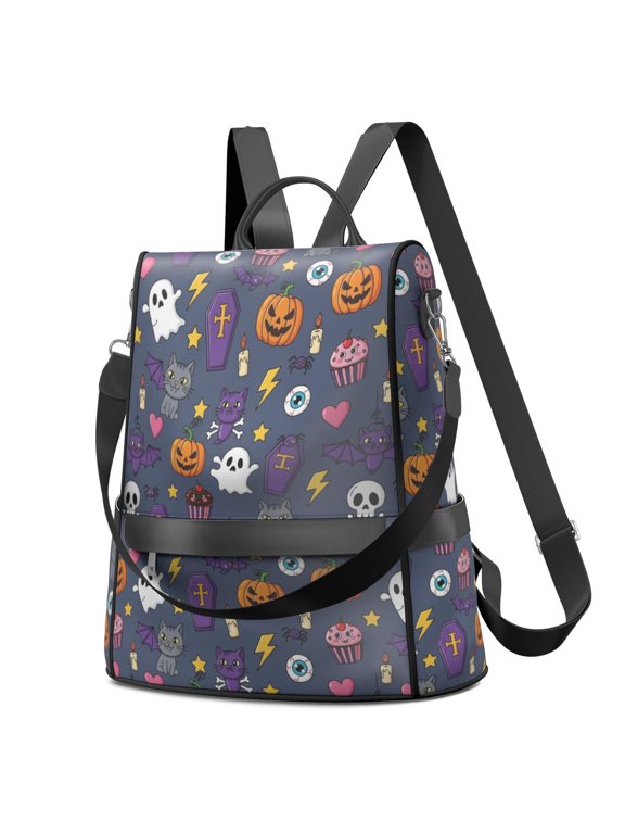Halloween Cat Coffin Blue Pattern Fashion Backpack, Fashion Handbag Backpack with Side Bottle Pockets & Convertible Strap, Large Capacity Gifts for Birthday Christmas Thanksgiving