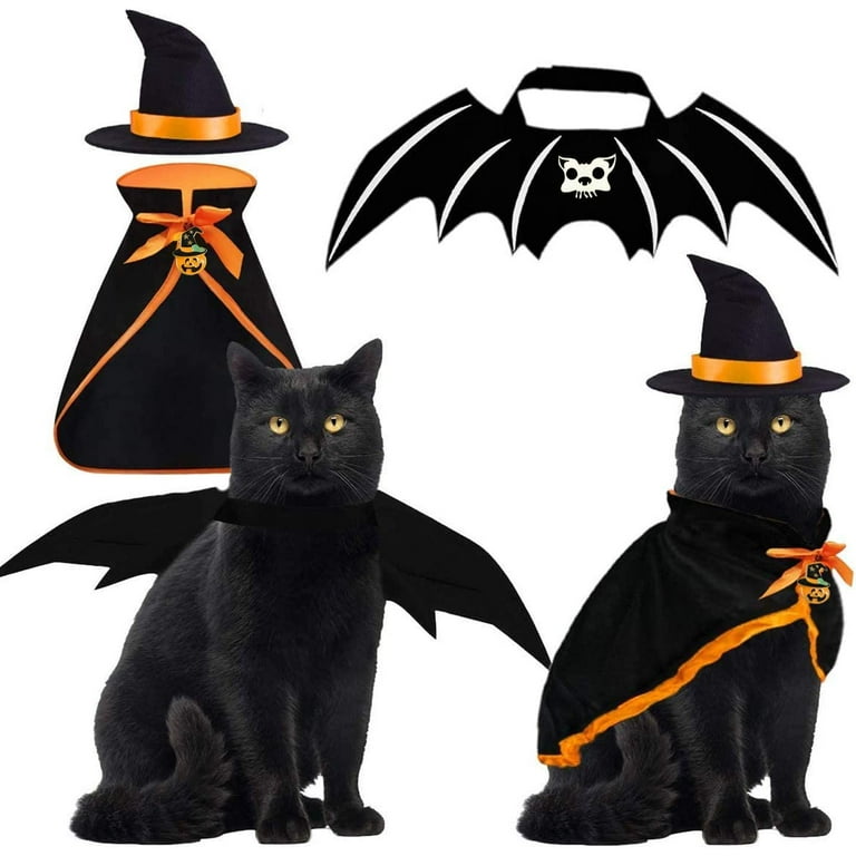 Halloween Cat Costume Bat Wings Witch Cloak Wizard Hat PCS Pet