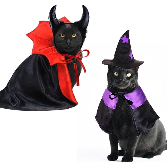 Halloween Cat Costume Cloak Wizard Hat for Cats Halloween Puppy Vampire Devil Costume Dog Halloween Cosplay Dress Cape Devil Horns Hat Holiday Clothes for Cats Puppies 2 Sets