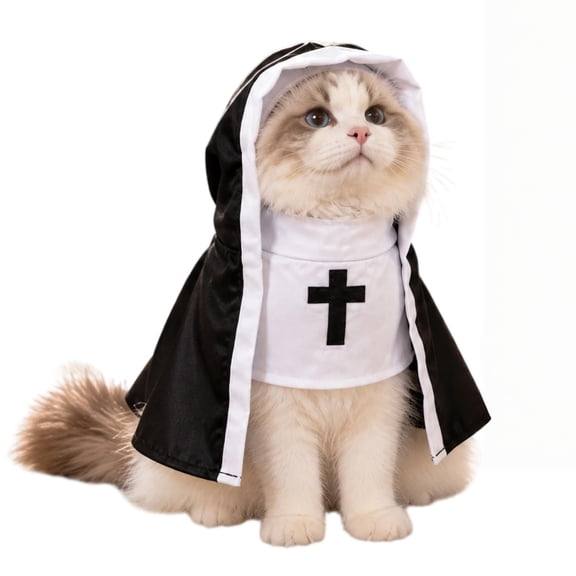 Halloween Cat Costume, Funny Nun-Inspired Hooded Cape for Cats & Small Dogs, Black White Pet Cosplay Outfit with Cross Detail for Parties, Photos & Dress Up