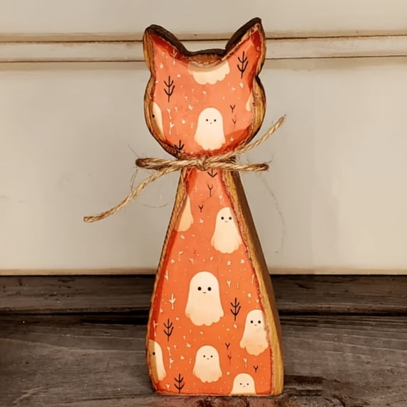 Halloween Cat Decor 6 Inch Spooky Wooden Standing Figurine, Vintage Fall Indoor Home Table Decoration for Shelf Mantel and Office, 1 Pack