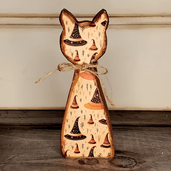 Halloween Cat Decor 6 Inch Vintage Wooden Fall Halloween Decor Indoor Halloween Table Decor Spooky Season Farmhouse Accent for Home Office Shelf Mantel, 1 Pack