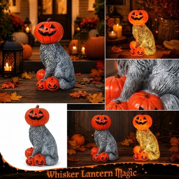 Halloween Cat Decor Pumpkin Head Resin Cat Statue for Home Indoor Outdoor Fall Party Decor 6X4X3.5 in 1 Piece