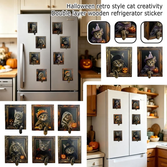 Halloween Cat Decor Vintage Vampire Cat Refrigerator 3 Inch Spooky Cute Halloween Decoration for Home Kitchen Office Party, 1 Pack