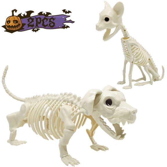 Halloween Cat & Dog Skeleton Props, Poseable Plastic Yard Patio Decor 2-Pack