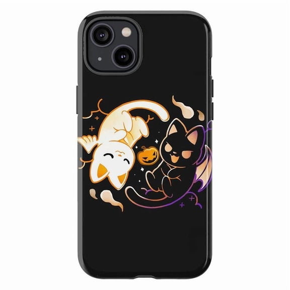 Halloween Cat Friends Phone Case, Adorable Bat-Winged Black Cat and Angelic White Cat Playing with Pumpkin for iPhone 16 15 14 13 12 11 Pro Max Mini Plus
