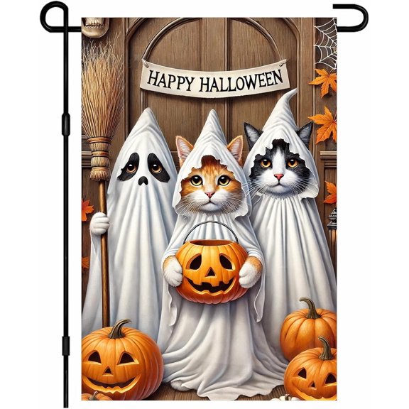 Halloween Cat Garden Flag 12x18 Inch Three Kittens in Ghost Costumes Outdoor Yard Flag Double Sided Welcome Banner with Pumpkins and Spider Web for Porch Lawn Patio