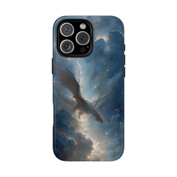 Dragon Flying Blue Cloud Stars Fantasy Artwork Protective Phone Case with iPhone 11 to 17 Pro Max