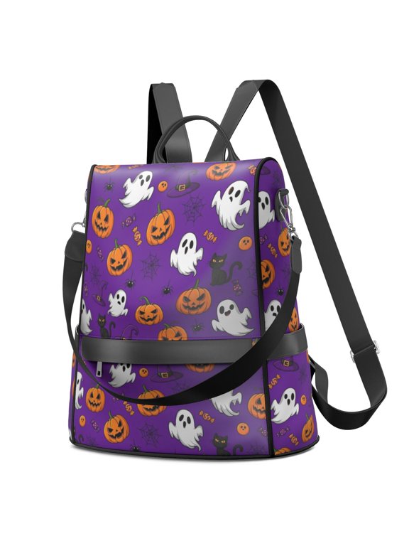 Halloween Cat Ghost Purple Pattern Fashion Backpack, Convertible Shoulder Bag with Side Bottle Pockets & Convertible Strap, Multi Pockets Gifts for Birthday Christmas Thanksgiving
