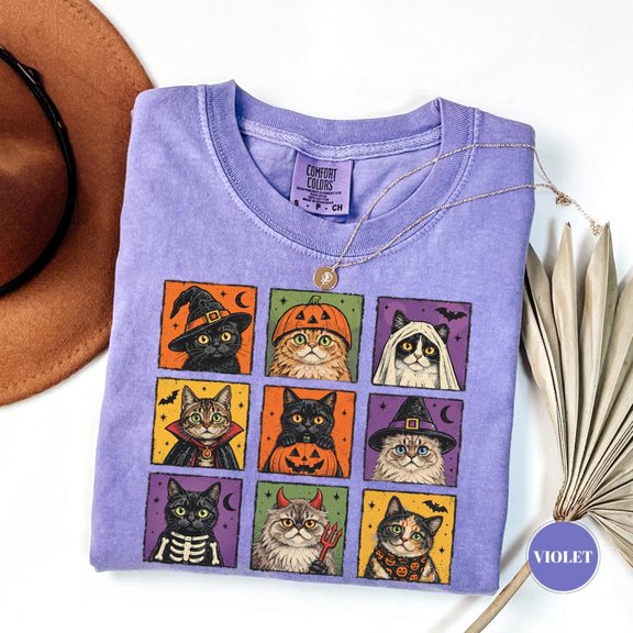 Halloween Cat Graphic T-Shirt, Vintage Black Kitty Costume, Witchy Pet Mom Gift, Sizes S-3XL