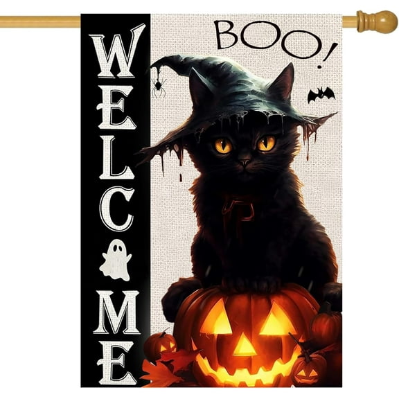 Halloween Cat House Flag 28x40 Double Sided, Welcome Halloween Large Garden Flags Garden Outside Decor, Holiday BOO Yard Flag Decorations for Home