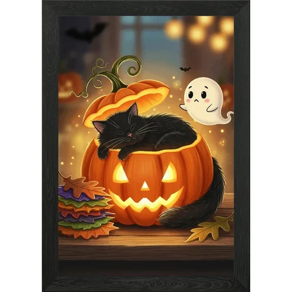 Halloween Cat In Pumpkin With Ghost Poster - Walmart.com