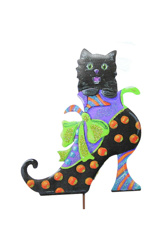 Cat In Witch's Shoe Metal Black Boot F22025