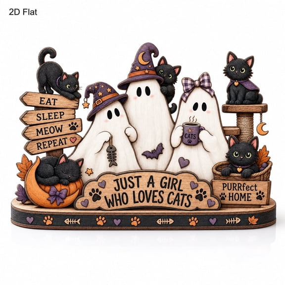 Halloween Cat Lover Wooden Block, Just a Girl Who Loves Cats, Ghost Cat Shelf Decor, Cat Mom Gift, Spooky Fall Pet Lover Decor, Black Cat