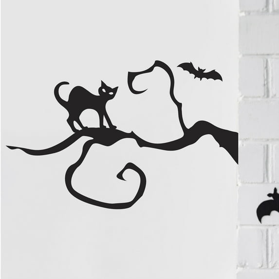 Halloween Cat On A Tree with Bat Right Hang Vinyl Lettering Wall Decal Halloween Decor Self Adhesive Removable Decals - Size: 16"H x 25"L - Color: Black