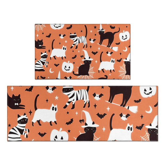 Halloween Cat Pattern Kitchen Rugs Sets Of 2,Anti Fatigue Kitchen Mat Rugs Non Slip Washable,Decorative Kitchen Floor Mats for Kitchen,Sink,Laundry,17"x30"+17"x47"