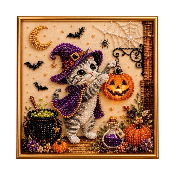 Halloween Cat Pearl Art DIY Kit, Diamond Art (Style F) Spooky Cute 3D Pearl Diamond Painting Crafts Kits for Adults, DIY Fall Home Decor Wall Art