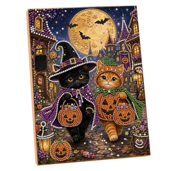 Halloween Cat Pearl Art Diamond Kit for Adults Diamond Painting Kit With Frame, DIY Home Decor Wall Art, Beginner DIY Seasonal Party Gift 3D Pearl Sparkle, 15.75in